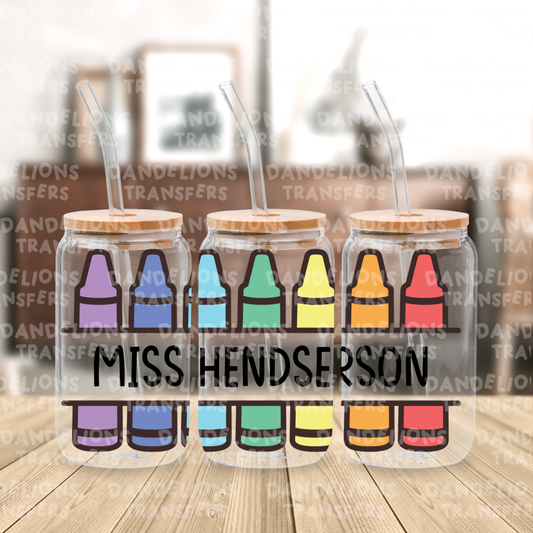 Personalised crayon teacher UVDTF 16oz wrap