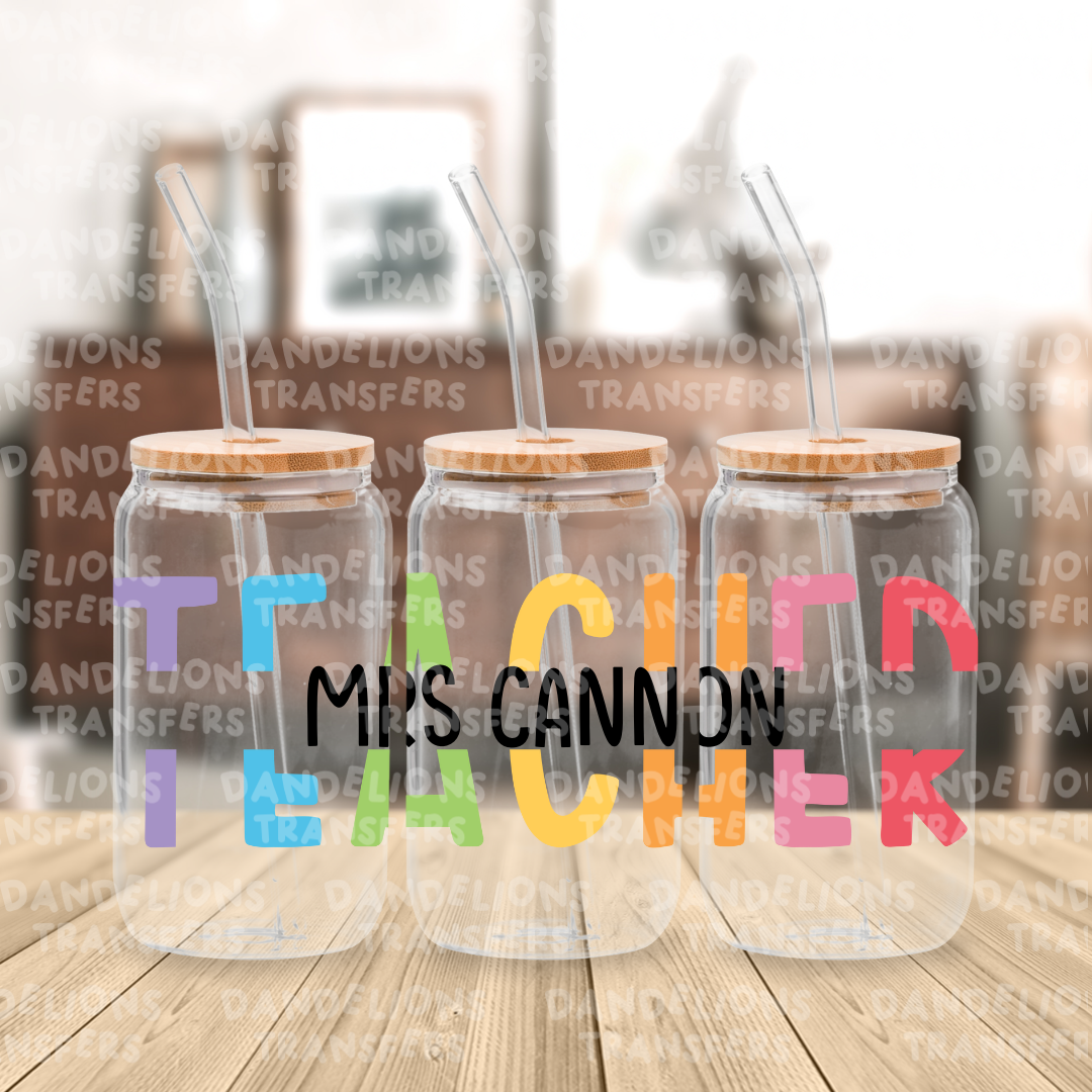 Personalised Rainbow Teacher UVDTF 16oz wrap